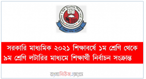 সরকারি মাধ্যমিক ২০২১ শিক্ষাবর্ষে ১ম শ্রেণি থেকে ৯ম শ্রেণি লটারির মাধ্যমে শিক্ষার্থী নির্বাচন সংক্রান্ত