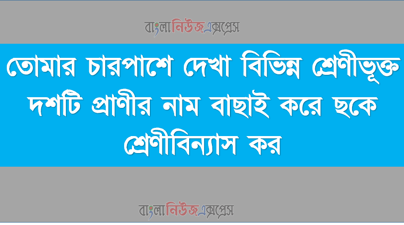 তোমার চারপাশে দেখা বিভিন্ন শ্রেণীভূক্ত দশটি প্রাণীর নাম বাছাই করে ছকে শ্রেণীবিন্যাস কর