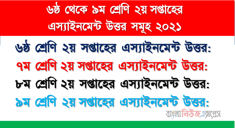 ২০২১ সালের ৬ষ্ঠ থেকে ৯ম শ্রেণি ২য় সপ্তাহের এস্যাইনমেন উত্তর সমূহ