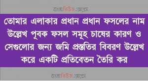 তোমার এলাকার প্রধান প্রধান ফসলের নাম উল্লেখ পূবক ফসল সমূহ চাষের কারণ ও  সেগুলোর জন্য জমি প্রস্ততির বিবরণ উল্লেখ করে একটি প্রতিবেতন তৈরি কর