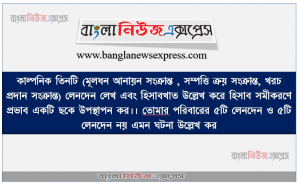 কাল্পনিক তিনটি (মূলধন আনায়ন সংক্রান্ত , সম্পত্তি ক্রয় সংক্রান্ত, খরচ প্রদান সংক্রান্ত) লেনদেন লেখ এবং হিসাবখাত উল্লেখ করে হিসাব সমীকরণে প্রভাব একটি ছকে উপস্থাপন কর।। তােমার পরিবারের ৫টি লেনদেন ও ৫টি লেনদেন নয় এমন ঘটনা উল্লেখ কর