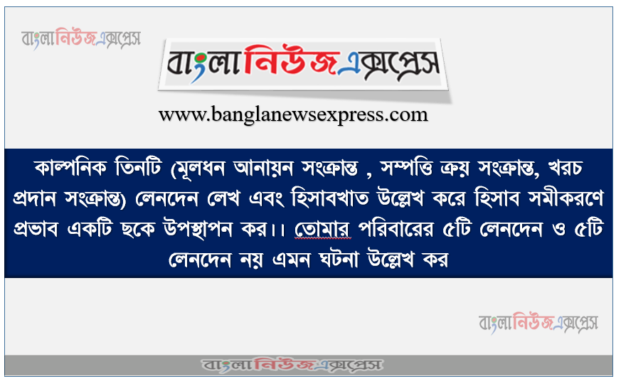 কাল্পনিক তিনটি (মূলধন আনায়ন সংক্রান্ত , সম্পত্তি ক্রয় সংক্রান্ত, খরচ প্রদান সংক্রান্ত) লেনদেন লেখ এবং হিসাবখাত উল্লেখ করে হিসাব সমীকরণে প্রভাব একটি ছকে উপস্থাপন কর।। তােমার পরিবারের ৫টি লেনদেন ও ৫টি লেনদেন নয় এমন ঘটনা উল্লেখ কর