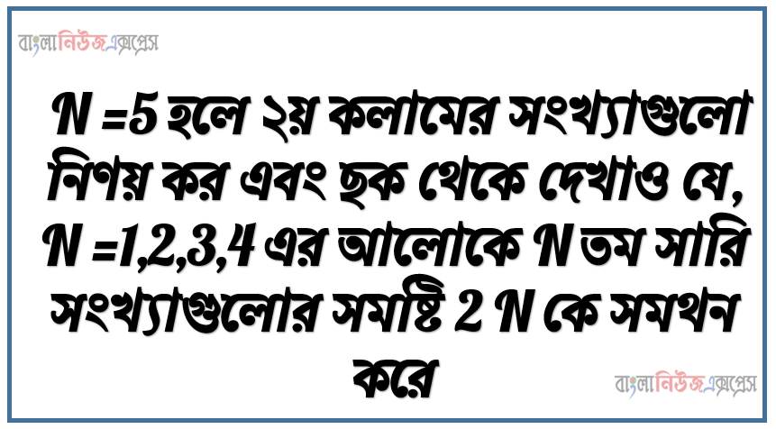N =5 হলে ২য় কলামের সংখ্যাগুলো নিণয় কর এবং ছক থেকে দেখাও যে,N =1,2,3,4 এর আলোকে N তম সারি সংখ্যাগুলোর সমষ্টি 2 N কে সমথন করে