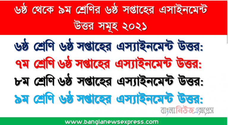 ৬ষ্ঠ থেকে ৯ম শ্রেণি ৬ষ্ঠ সপ্তাহের এস্যাইনমেন্ট উত্তর সমূহ ২০২১, ৬ষ্ঠ সপ্তাহের সকল অ্যাসাইনমেন্ট উত্তর ২০২১