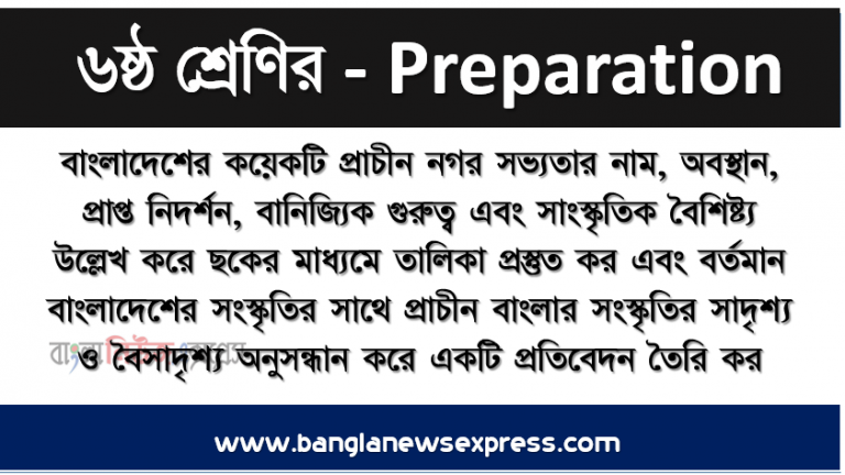 বাংলাদেশের কয়েকটি প্রাচীন নগর সভ্যতার নাম, অবস্থান, প্রাপ্ত নিদর্শন, বানিজ্যিক গুরুত্ব এবং সাংস্কৃতিক বৈশিষ্ট্য উল্লেখ করে ছকের মাধ্যমে তালিকা প্রস্তুত কর এবং বর্তমান বাংলাদেশের সংস্কৃতির সাথে প্রাচীন বাংলার সংস্কৃতির সাদৃশ্য ও বৈসাদৃশ্য অনুসন্ধান করে একটি প্রতিবেদন তৈরি কর