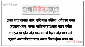 প্রজ্ঞা তার বাবার সাথে বুড়িগঙ্গা নদীতে। নৌকায় করে বেড়াতে গেল। দাদা বাড়িতে যাওয়ার সময় নদীর পাড়ের যে ছবি তার মনে গেঁথে ছিল তার সঙ্গে এই মুহুর্তে দেখা চিত্রের সঙ্গে কোন মিল খুঁজে পেল না।