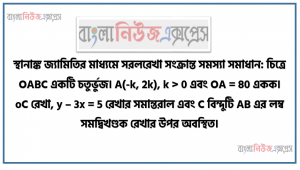 স্থানাঙ্ক জ্যামিতির মাধ্যমে সরলরেখা সংক্রান্ত সমস্যা সমাধান: চিত্রে OABC একটি চতুর্ভুজ। A(-k, 2k), k> 0 এবং OA =√80একক। 0C রেখা, y – 3x = 5 রেখার সমান্তরাল এবং C বিন্দুটি AB এর লম্ব সমদ্বিখণ্ডক রেখার উপর অবস্থিত