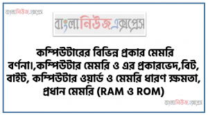 কম্পিউটারের বিভিন্ন প্রকার মেমরি বর্ণনা।,কম্পিউটার মেমরি ও এর প্রকারভেদ, বিট, বাইট, কম্পিউটার ওয়ার্ড ও মেমরি ধারণ ক্ষমতা,  প্রধান মেমরি (RAM ও ROM)