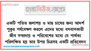 একটি পতিত জলাশয় ও মাছ চাষের জন্য আদর্শ পুকুর পর্যবেক্ষণ করলে এদের মধ্যে বসবাসকারী জীব সম্প্রদায় ও পরিবেশের মধ্যে যে পার্থক্য পরিলক্ষিত হয় তার উপর চিত্রসহ একটি প্রতিবেদন