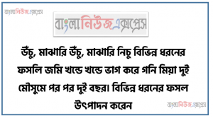 উঁচু, মাঝারি উঁচু, মাঝারি নিচু বিভিন্ন ধরনের ফসলি জমি খন্ডে খন্ডে ভাগ করে গনি মিয়া দুই মৌসুমে পর পর দুই বছর। বিভিন্ন ধরনের ফসল উৎপাদন করেন