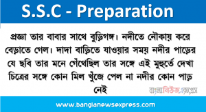 প্রজ্ঞা তার বাবার সাথে বুড়িগঙ্গ। নদীতে নৌকায় করে বেড়াতে গেল। দাদা বাড়িতে যাওয়ার সময় নদীর পাড়ের যে ছবি তার মনে গেঁথেছিল তার সঙ্গে এই মুহুর্তে দেখা চিত্রের সঙ্গে কোন মিল খুঁজে পেল না নদীর কোন পাড় নেই, আছে অসংখ্য দালানকোঠা, দোকানপাট, শিল্পকারখানা পানির রঙ একেবারেই কালাে