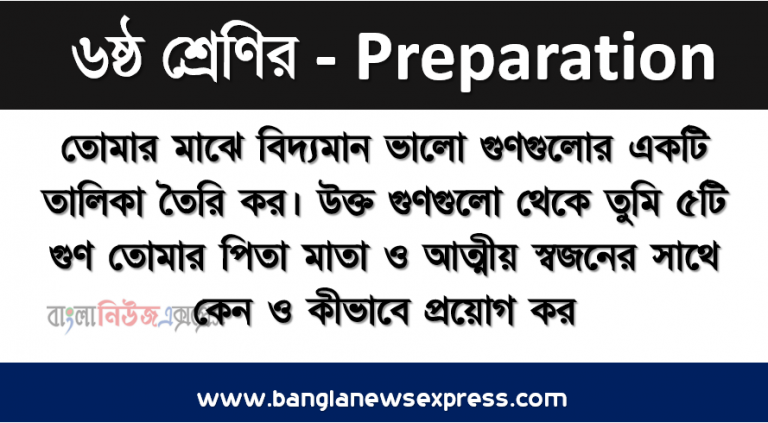 তোমার মাঝে বিদ্যমান ভালো গুণগুলোর একটি তালিকা তৈরি কর। উক্ত গুণগুলো থেকে তুমি ৫টি গুণ তোমার পিতা মাতা ও আত্মীয় স্বজনের সাথে কেন ও কীভাবে প্রয়োগ কর, এ ব্যাপারে একটি প্রতিবেদন তৈরি কর।