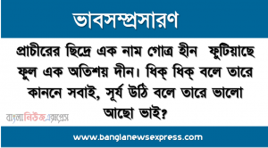 প্রাচীরের ছিদ্রে এক নাম গোত্র হীন ফুটিয়াছে ফুল এক অতিশয় দীন। ধিক্ ধিক্ বলে তারে কাননে সবাই