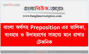 বাংলা অর্থসহ Preposition এর তালিকা, ব্যবহার ও উদাহরণের সাহয্যে মনে রাখার টেকনিক।, Appropriate Prepositions with  (A B C D E F G H I J K L M N O P Q R S T U V W X Y Z ), গুরুত্বপূর্ণ Preposition সমূহ (বাংলা অর্থ ও উদাহরণ সহকারে)