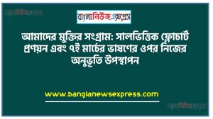 আমাদের মুক্তির সংগ্রাম: সালভিত্তিক ফ্লোচার্ট প্রণয়ন এবং ৭ই মার্চের ভাষণের ওপর নিজের অনুভূতি উপস্থাপন, ৭ই মার্চের ঐতিহাসিক ভাষণের মূলকথা জানব ও এর গুরুত্ব ও প্রতিক্রিয়া মূল্যায়ন করতে পারব,২৬শে মার্চের স্বাধীণতার ঘােষণা উল্লেখ করতে পারব, দেশপ্রেম জাতীয়তাবােধ ও গণতান্ত্রিক। চেতনায় উদ্বুদ্ধ হব