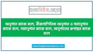 অনুপাত কাকে বলে, বীজগাণিতিক অনুপাত ও সমানুপাত কাকে বলে, সমানুপাত কাকে বলে, অনুপাতের রূপান্তর কাকে বলে, দুইটি বর্গক্ষেত্রের বাহুর দৈর্ঘ্য যথাক্রমে a মিটার এবং b মিটার হলে, তাদের ক্ষেত্রফলের অনুপাত কত?
