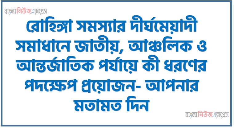 রোহিঙ্গা সমস্যার দীর্ঘমেয়াদী সমাধানে জাতীয়, আঞ্চলিক ও আন্তর্জাতিক পর্যায়ে কী ধরণের পদক্ষেপ প্রয়োজন- আপনার মতামত দিন, রোহিঙ্গা সংকট সমাধানে আন্তর্জাতিক তৎপরতা, রোহিঙ্গা সংকট: দ্রুত সমাধানের পথ খুঁজুন