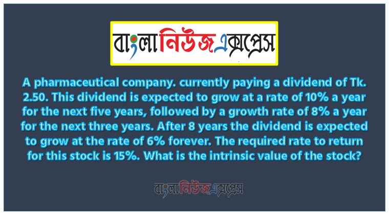 A pharmaceutical company. currently paying a dividend of Tk. 2.50. This dividend is expected to grow at a rate of 10% a year for the next five years