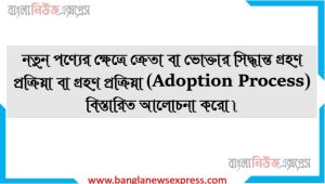 নতুন পণ্যের ক্ষেত্রে ক্রেতা বা ভোক্তার সিদ্ধান্ত গ্রহণ প্রক্রিয়া বা গ্রহণ প্রক্রিয়া (Adoption Process) বিস্তারিত আলোচনা করো।,নতুন পণ্যের ক্ষেত্রে ক্রেতার সিদ্ধান্ত গ্রহণ প্রক্রিয়া আলোচনা কর।, নতুন পণ্যের ক্ষেত্রে ভোক্তার সিদ্ধান্ত গ্রহণ প্রক্রিয়া ব্যাখ্যা কর।
